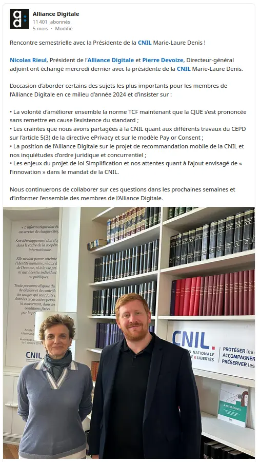 Billet LinkedIn de l’Alliance Digitale faisant le compte-rendu d’une rencontre semestrielle avec Marie-Laure Denis et mentionnant des craintes sur les travaux du CEPD sur l’article 5(3) de la directive ePrivacy