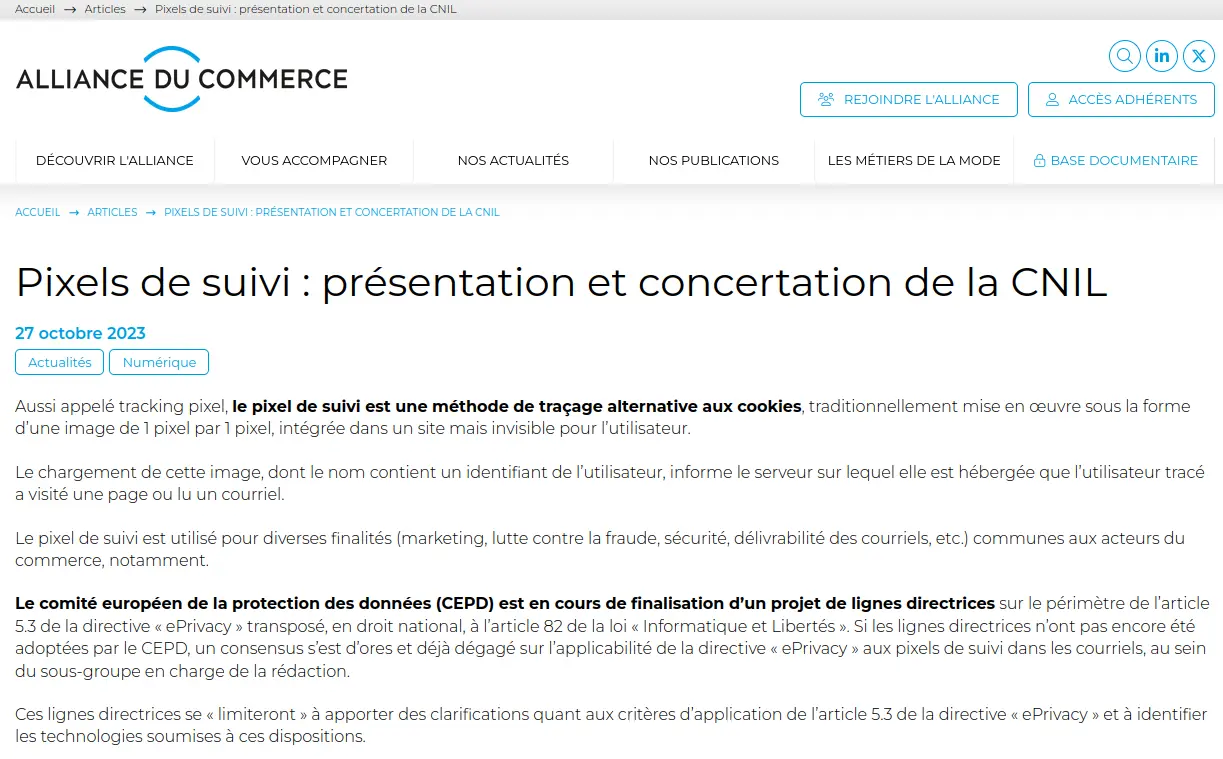 Article de blog du site de l’Alliance du Commerce intitulé « Pixels de suivi : présentation et concertation de la CNIL »