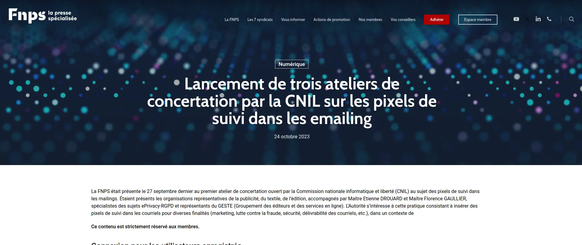 Article de blog du site de la FNPS intitulé « lancement de 3 ateliers de concertation par la CNIL sur les pixels de suivi dans les emailing »