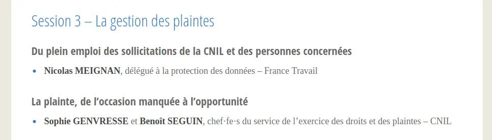 Programme des journées RGPD organisées par la CNIL mentionnant l’intervention du DPO de France Travail « Du plein emploi des sollicitations de la CNIL et des personnes concernées » et des chef·fe·s du service de l’exercice des droits et des plaintes « La plainte, de l’occasion manquée à l’opportunité »